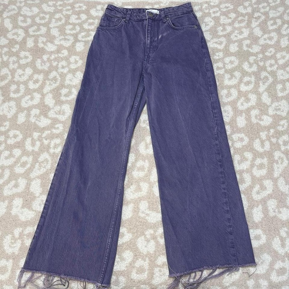 Zara Wide Leg Jeans Purple High Rise Frayed Hem Size‎ 4
